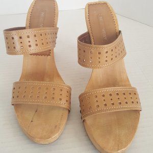 NINE WEST WOOD High Heel Platform Sandal Slides Sz 10 Leather Upper 5"